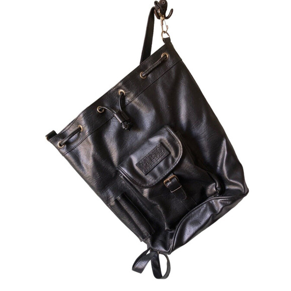 Vintage Vegan Leather Bucket Bag Backpack Sling Purse Black Paris Sport Club 15" - Picture 1 of 9